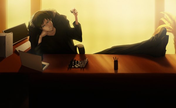 Anime picture 1300x800 with durarara!! brains base (studio) orihara izaya sanj-t short hair black hair wide image boy table monitor laptop computer chess