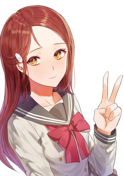 Anime picture 800x1132 with love live! sunshine!! sunrise (studio) love live! sakurauchi riko kim eb single long hair tall image simple background white background yellow eyes looking away upper body red hair light smile from above victory girl uniform hair ornament