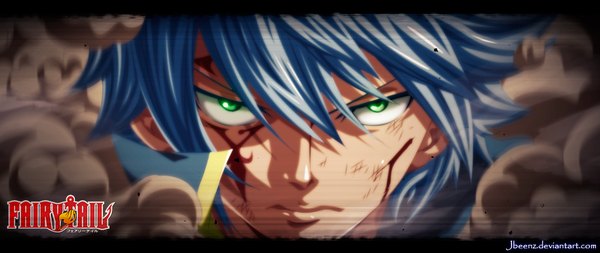 Anime picture 1024x432 with fairy tail jellal fernandes jbeenz single short hair wide image green eyes blue hair inscription tattoo coloring facial mark letterboxed dust boy blood