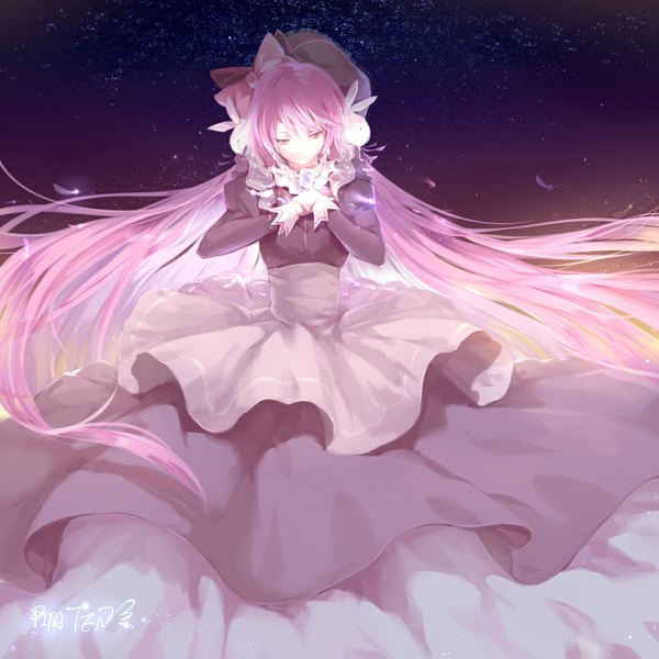 Anime picture 1047x1047 with pita ten misha (pita ten) hmniao single long hair fringe standing signed pink hair sky pink eyes inscription looking down glow girl dress hair ornament bow hair bow hat