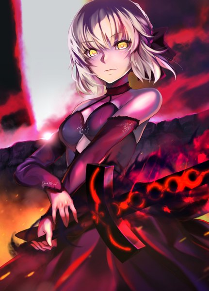 Anime picture 1798x2500 with fate (series) fate/grand order fate/stay night artoria pendragon (all) saber saber alter ep (emio parn) single tall image looking at viewer fringe highres smile hair between eyes standing bare shoulders holding yellow eyes payot cleavage