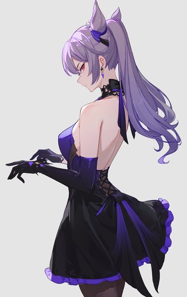 Anime picture 2000x3177 with genshin impact keqing (genshin impact) keqing (opulent splendor) (genshin impact) lance (lancelliu) single long hair tall image looking at viewer highres simple background red eyes standing purple hair ponytail profile grey background hair bun (hair buns) back official alternate costume bare back