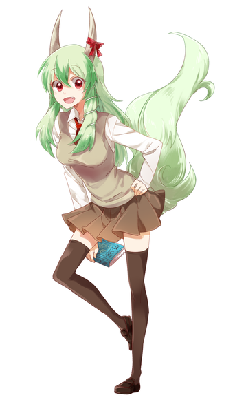 Anime picture 1024x1792 with touhou kamishirasawa keine ex-keine six (fnrptal1010) single long hair tall image open mouth simple background red eyes standing white background looking away bent knee (knees) tail animal tail horn (horns) green hair teeth fang (fangs)