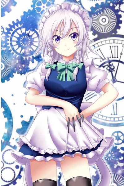 Anime picture 1000x1500 with touhou izayoi sakuya reimei (r758120518) single tall image fringe short hair smile purple eyes silver hair braid (braids) short sleeves zettai ryouiki puffy sleeves hand on hip twin braids girl thighhighs shirt headdress