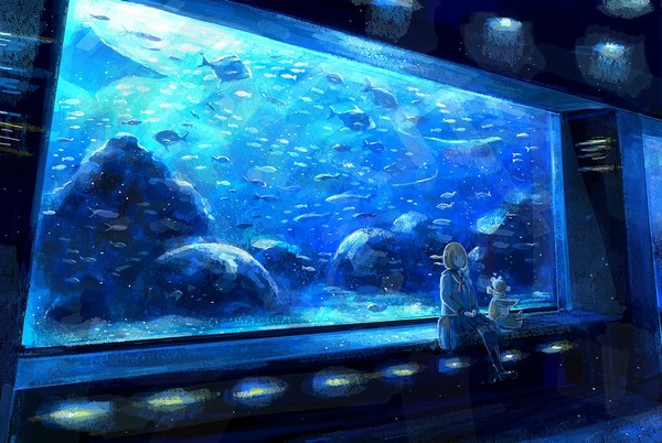 Anime picture 1100x737 with original nomiya (no 38) single short hair blonde hair sitting bent knee (knees) girl thighhighs uniform ribbon (ribbons) black thighhighs animal serafuku toy stuffed animal fish (fishes) teddy bear stone (stones) aquarium