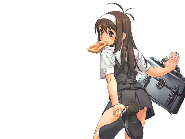 Anime picture 1024x768 with original tanaka kunihiko single long hair looking at viewer simple background brown hair white background brown eyes ahoge wallpaper mouth hold toast in mouth girl skirt uniform school uniform socks food hairband