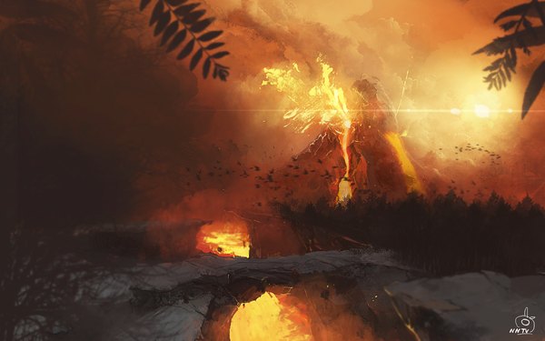Anime picture 1440x900 with original nishio nanora wide image cloud (clouds) light smoke landscape rock lava volcano animal tree (trees) bird (birds) forest molten rock