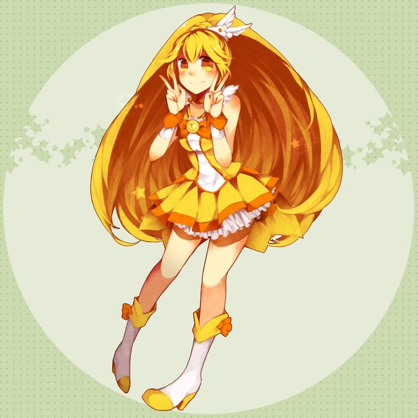 Anime picture 3000x3000 with precure smile precure! toei animation kise yayoi cure peace kogarashi midori single long hair blush highres blonde hair smile bare shoulders yellow eyes ponytail victory green background girl dress boots