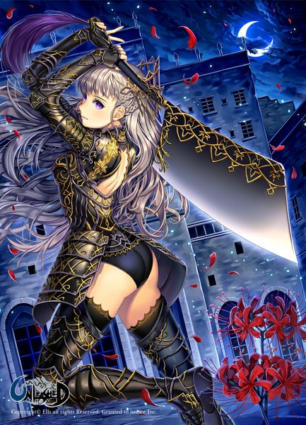 Anime picture 650x900 with unleashed ells (ellsat) single long hair tall image light erotic purple eyes silver hair night crescent girl dress flower (flowers) weapon petals sword boots armor moon thigh boots