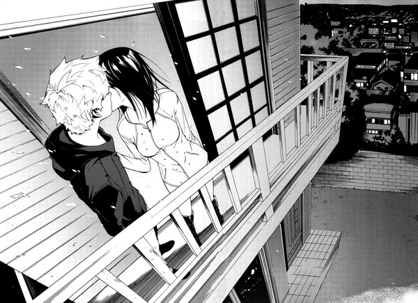 Anime picture 1923x1400 with carnivorous princess yegrinna yegrinna shik nam long hair highres short hair black hair blonde hair white hair couple monochrome cityscape face to face kiss street girl boy house balcony