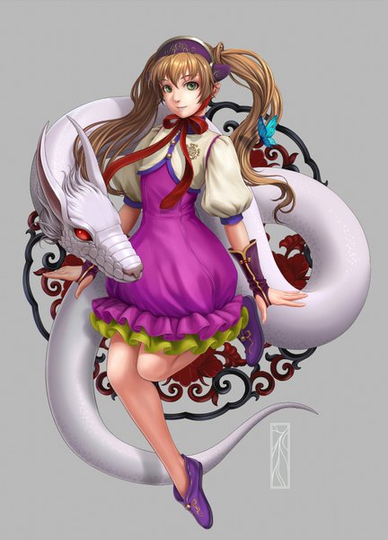 Anime picture 1325x1839 with original kotikomori single long hair tall image looking at viewer brown hair twintails brown eyes watermark girl dress insect butterfly dragon