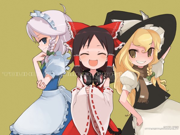 Anime picture 1280x960 with touhou hakurei reimu kirisame marisa izayoi sakuya tagme (artist) multiple girls headphones around neck girl skirt headphones 3 girls skirt set