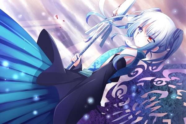 Anime picture 1500x1000 with mishima kurone single long hair twintails bare shoulders white hair heterochromia girl spear