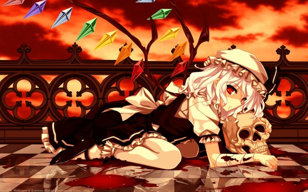 Anime picture 2560x1600 with touhou flandre scarlet misaki kurehito cilou (artist) single looking at viewer fringe highres short hair blonde hair red eyes wide image cloud (clouds) evening sunset checkered floor girl dress bow wings