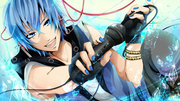 Anime picture 1920x1080 with vocaloid kaito (vocaloid) tagme (artist) single highres short hair open mouth blue eyes wide image holding blue hair looking away nail polish boy bracelet headphones fingerless gloves t-shirt microphone wire (wires)