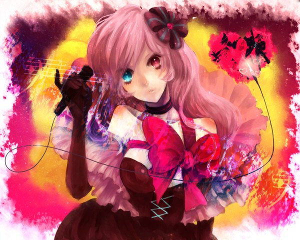Anime picture 1280x1024 with vocaloid megurine luka totsu hon (artist) long hair pink hair pink eyes aqua eyes heterochromia girl dress gloves bow ribbon (ribbons) elbow gloves microphone