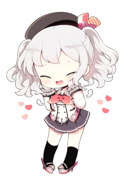 Anime picture 750x1063 with kantai collection kashima training cruiser kyou (nekoneko) single long hair tall image blush fringe open mouth simple background white background twintails payot silver hair full body eyes closed chibi ^ ^ cute hands on face
