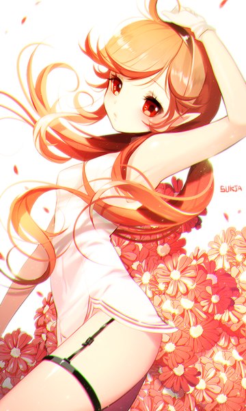 Anime picture 600x1000 with original sorolp single long hair tall image looking at viewer light erotic red eyes brown hair signed pointy ears armpit (armpits) girl dress flower (flowers)