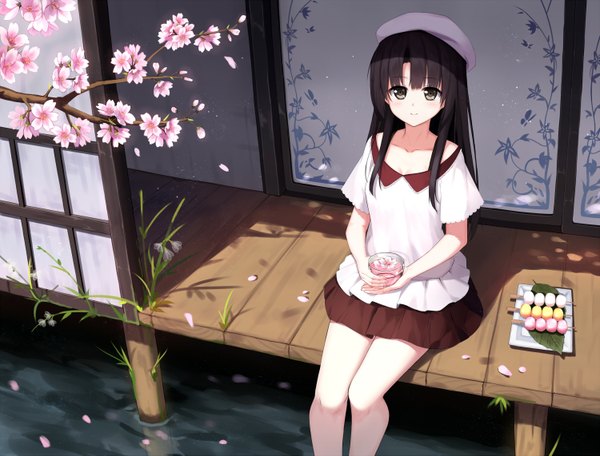 Anime picture 3000x2282 with saenai heroine no sodatekata a-1 pictures katou megumi hagi (ame hagi) single long hair looking at viewer blush highres black hair sitting brown eyes cherry blossoms girl skirt plant (plants) petals tree (trees) food sweets