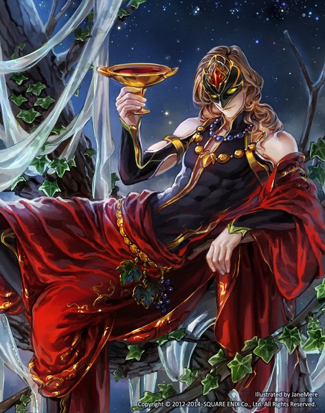 Anime picture 788x1000 with jane mere single long hair tall image blonde hair holding light smile night wavy hair reclining muscle boy plant (plants) tree (trees) food star (stars) mask necklace berry (berries) alcohol