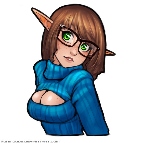 Anime picture 1000x1000 with ronin dude (ray cornwell) single long hair fringe light erotic simple background brown hair white background green eyes cleavage pointy ears freckles girl glasses turtleneck open-chest turtleneck