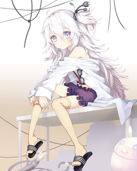Anime picture 1000x1249 with original juke single long hair tall image looking at viewer blue eyes sitting bare shoulders white hair girl thighhighs glasses wire (wires) sandals labcoat usb