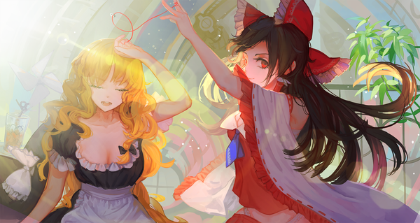 Anime picture 1900x1013 with touhou hakurei reimu kirisame marisa hoshimawa long hair looking at viewer highres open mouth blonde hair red eyes brown hair wide image multiple girls eyes closed traditional clothes sunlight shoujo ai miko hat removed girl