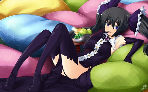 Anime picture 1680x1050 with butter-t long hair blue eyes black hair wide image twintails lying girl dress gloves elbow gloves pillow thigh boots fruit