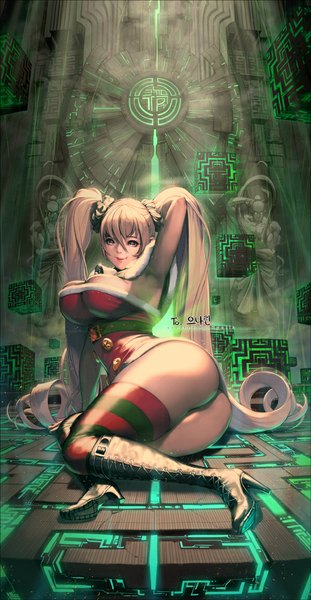 Anime picture 600x1157 with blade & soul nightmadness single tall image breasts light erotic blonde hair smile large breasts twintails ass very long hair pink eyes armpit (armpits) arm behind head thick thighs girl thighhighs thigh boots striped thighhighs