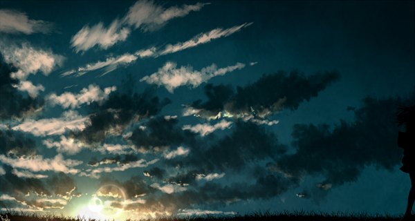 Anime picture 1500x800 with original kibunya 39 single wide image standing cloud (clouds) wind sunlight night night sky sunbeam sunrise girl plant (plants) bag grass sun