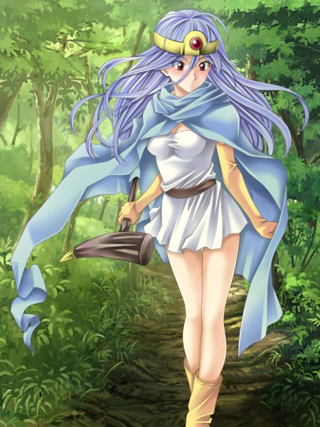 Anime picture 1200x1600 with dragon quest sage (dq3) tamamon single long hair tall image red eyes purple hair girl hair ornament weapon tree (trees) forest path