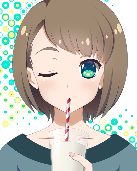Anime picture 800x1000 with miss-it-girl (valaree) single tall image looking at viewer blush fringe short hair simple background brown hair green eyes nail polish one eye closed fingernails wink eyebrows drinking girl drink drinking straw