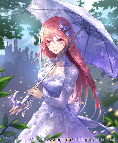 Anime picture 1200x1457 with original shenteita (sharkpunk) single long hair tall image looking at viewer fringe hair between eyes red eyes holding pink hair upper body outdoors sunlight watermark 2017 girl dress hair ornament flower (flowers)