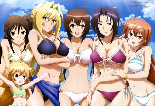 Anime picture 5951x4080 with sekirei megami magazine tsukiumi musubi kusano matsu (sekirei) kazehana uzume ookaji hiroyuki long hair highres breasts open mouth blue eyes light erotic blonde hair brown hair large breasts purple eyes multiple girls