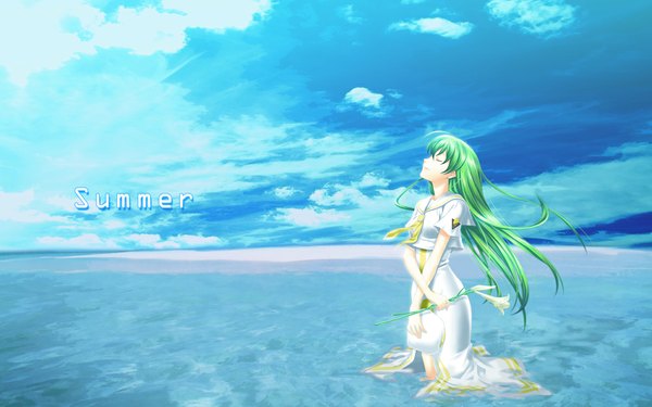 Anime picture 1000x625 with aria alice carroll soshina nohito single long hair wide image sky cloud (clouds) eyes closed green hair beach girl flower (flowers) sea