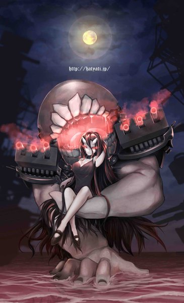 Anime picture 1222x2010 with kantai collection battleship-symbiotic hime hachachi single tall image black hair hair between eyes red eyes very long hair night teeth glowing arm behind head glowing eye (eyes) oni horns white skin shinkaisei-kan carrying girl thighhighs