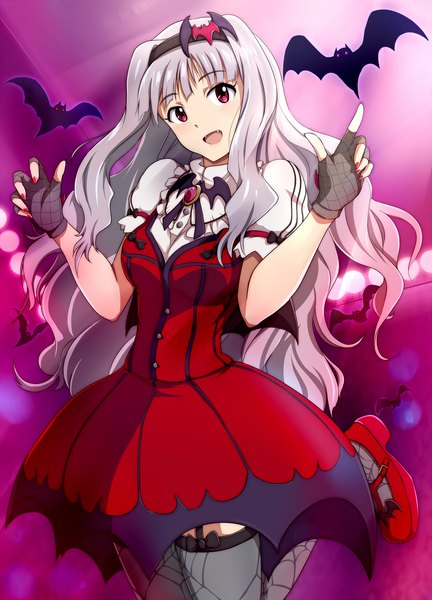 Anime picture 1200x1666 with idolmaster shijou takane hina (araburu-hinadori) single long hair tall image open mouth red eyes silver hair teeth fang (fangs) puffy sleeves pointing my dear vampire girl thighhighs gloves hair ornament hairband fingerless gloves