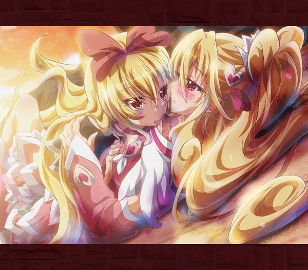 Anime picture 1600x1400 with precure dokidoki! precure toei animation aida mana cure heart regina (dokidoki! precure) inoshishi (ikatomo) long hair blush blonde hair red eyes multiple girls lying shoujo ai girl dress bow 2 girls hair bow tongue