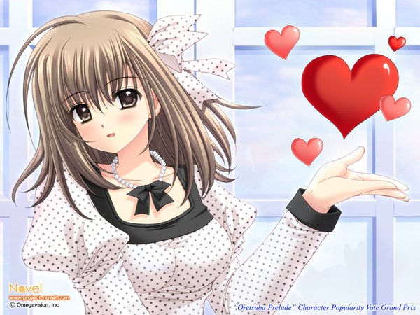 Anime picture 1600x1200 with oretachi ni tsubasa wa nai tamaizumi hiyoko nishimata aoi single looking at viewer fringe short hair hair between eyes brown hair brown eyes long sleeves head tilt arm up polka dot girl dress heart hairband white dress