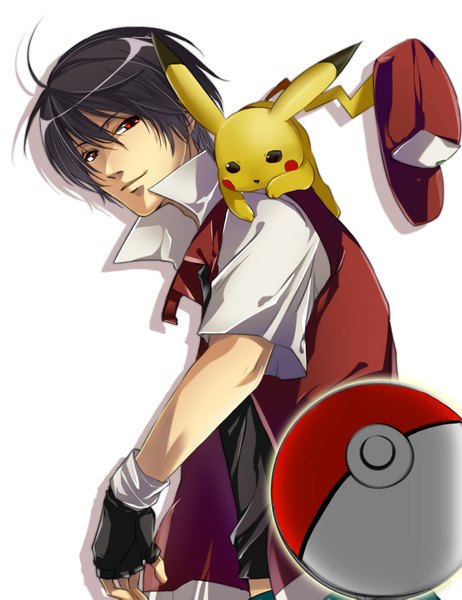 Anime picture 1172x1523 with pokemon nintendo pikachu red (pokemon) tall image short hair black hair simple background red eyes white background ahoge light smile gen 1 pokemon boy gloves animal fingerless gloves flat cap pokemon (creature) pokeball