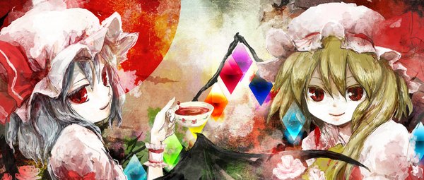 Anime picture 1175x500 with touhou flandre scarlet remilia scarlet poncho (pixiv) looking at viewer short hair blonde hair smile red eyes wide image multiple girls blue hair girl 2 girls wings rose (roses) bonnet cup tea