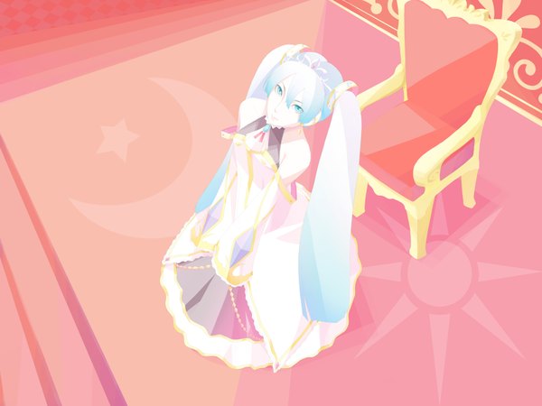 Anime picture 1600x1200 with vocaloid hatsune miku long hair twintails bare shoulders aqua eyes aqua hair looking up girl dress detached sleeves armchair