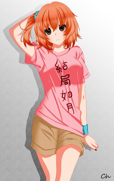 Anime picture 1340x2119 with kagerou project shaft (studio) kisaragi momo ocha_(hutuumikan) cute-heart single tall image looking at viewer blush fringe short hair breasts brown eyes signed nail polish fingernails orange hair one side up clothes writing girl