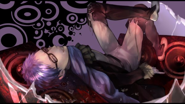 Anime picture 1280x720 with utau izumisiino single looking at viewer short hair smile wide image purple hair lying on back grey eyes grin leg lift (legs lift) broken glass boy glasses scarf thigh boots debris speakers