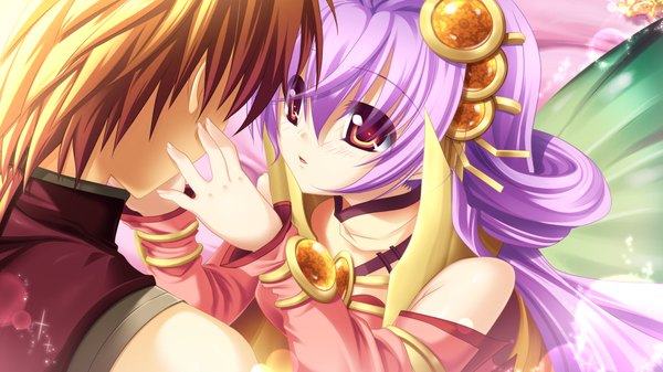 Anime picture 1024x576 with kamidori alchemy meister red eyes wide image game cg purple hair orange hair girl boy