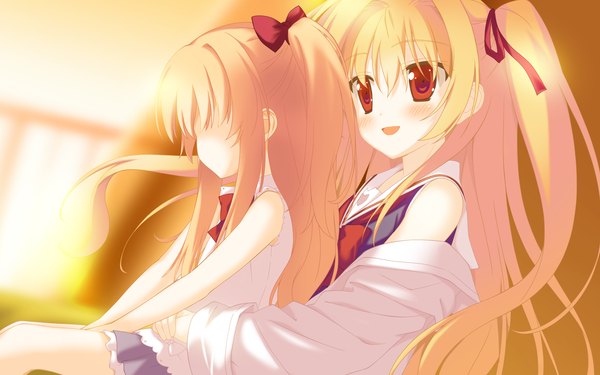 Anime picture 2048x1280 with irotoridori no sekai nikaidou shinku shida kazuhiro long hair blush highres open mouth blonde hair red eyes wide image multiple girls game cg loli girl ribbon (ribbons) 2 girls hair ribbon child (children)