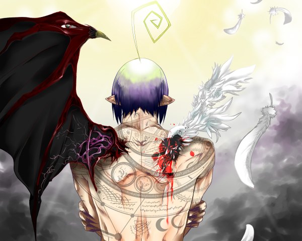 Anime picture 1280x1024 with ao no exorcist a-1 pictures mephisto pheles afo (pixiv) short hair purple hair pointy ears from behind tattoo back angel wings demon wings asymmetrical wings boy wings feather (feathers) claws