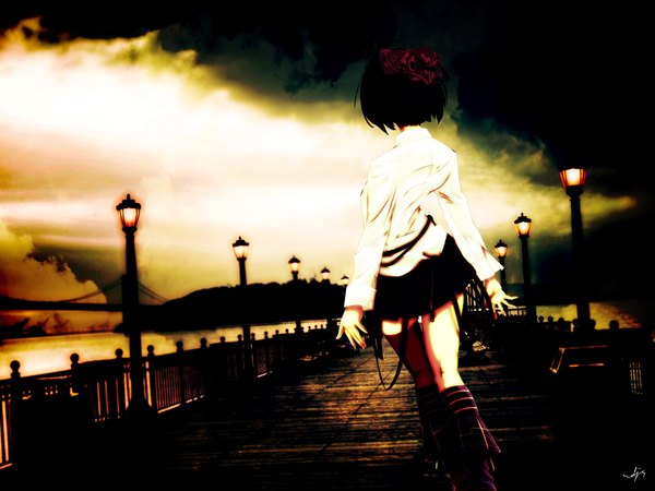 Anime picture 1920x1440 with original mubouou aasaa single highres short hair black hair cloud (clouds) legs back evening sunset walking girl hair ornament boots sea thigh boots
