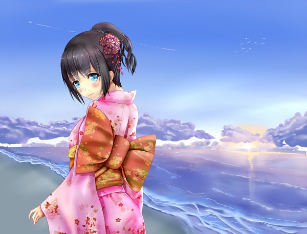 Anime picture 1080x825 with original nazhi blush short hair blue eyes black hair sky cloud (clouds) traditional clothes japanese clothes looking back evening sunset girl hair ornament kimono sea obi kanzashi