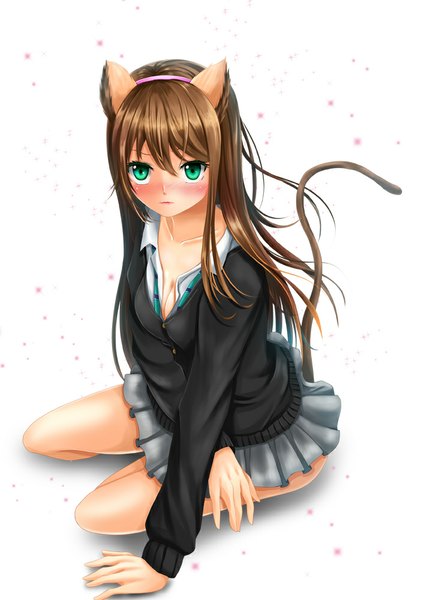 Anime picture 707x1000 with idolmaster idolmaster cinderella girls shibuya rin toshi (1-147) single long hair tall image looking at viewer blush simple background brown hair white background green eyes animal ears tail animal tail cat ears cat girl cat tail girl